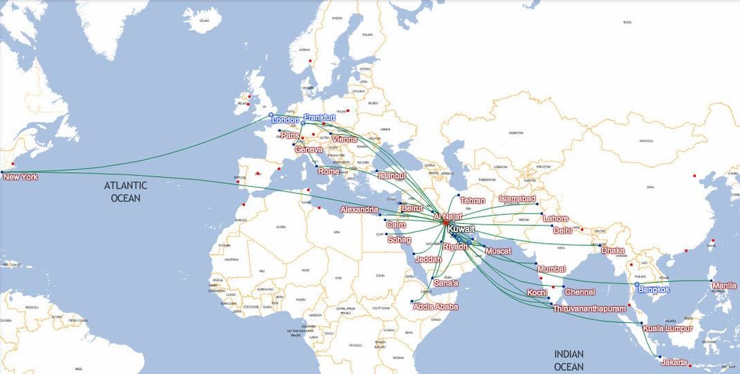 地图科威特航空公司的目的
